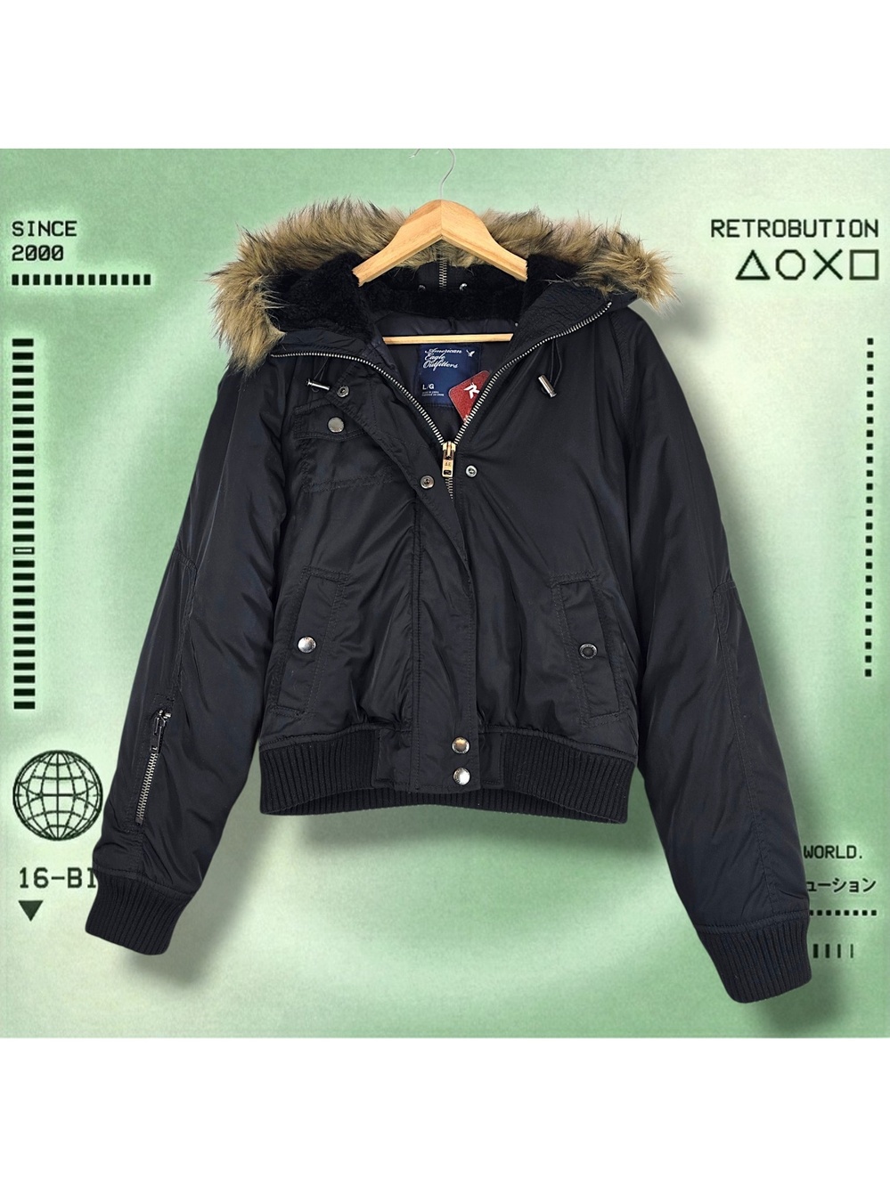 Y2K American Eagle Fur Trim Split Hood Bomber Jacket Black Size L